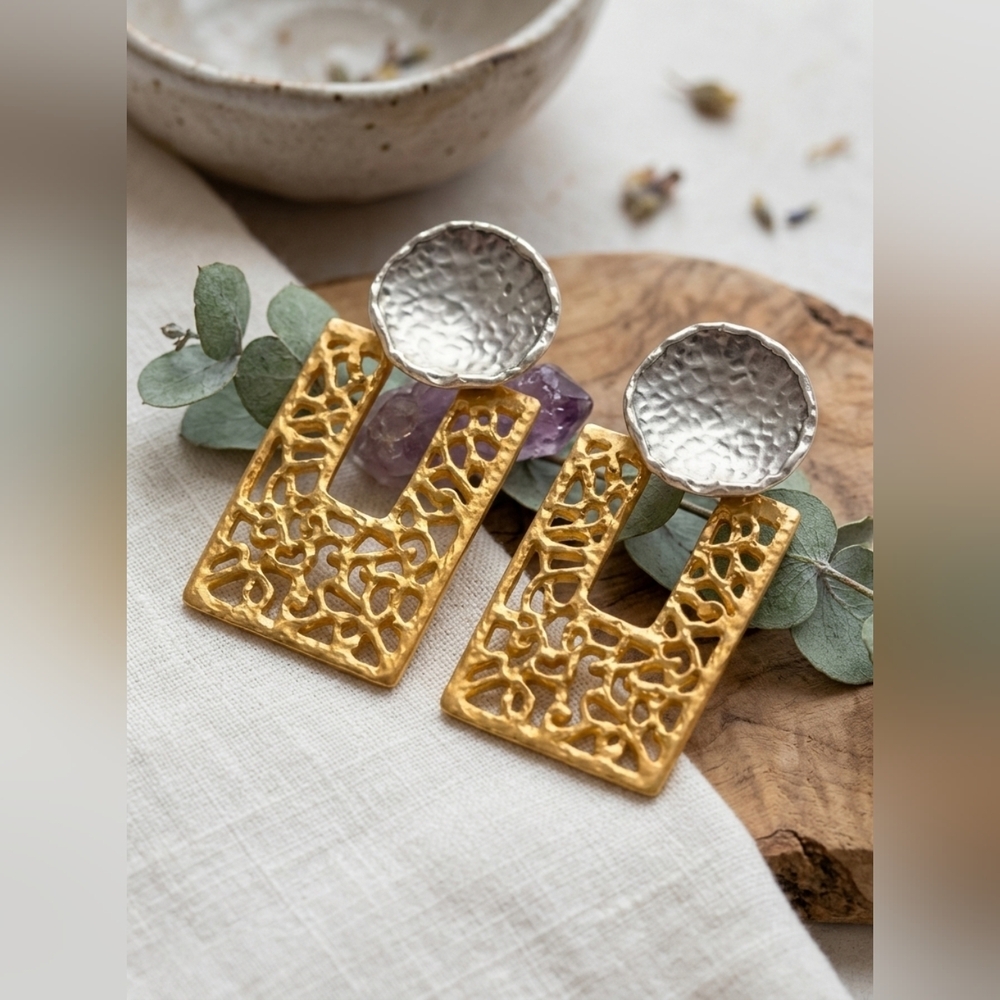 Artisan 18K Two Tone Gold Plated Hammered Cutout Statement Drop Turkish Earrings